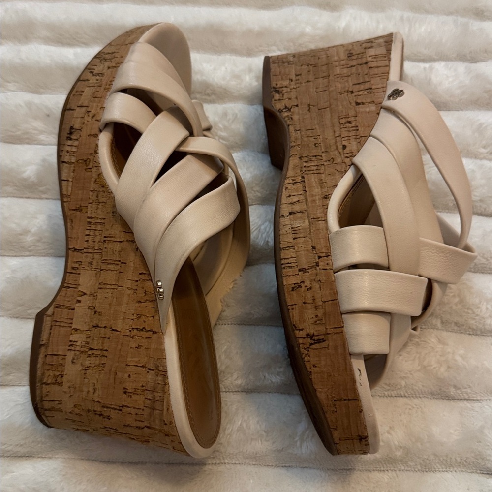 Sam & Libby Neutral Beige Crisscross Cork Wedge Slides - Picture 5 of 6